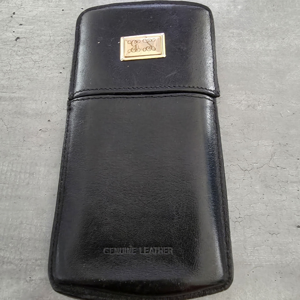 Black Leather Cigar Case/Vintage Monogramed Brass Leather Case